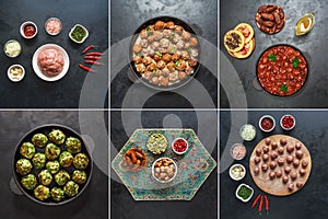 Food collage with meat meatballs world cuisine.