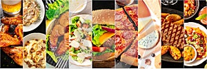 Food collage panorama, design template. Various tasty dishes, including a burger, a pizza, seafood pasta, beef steak. A restaurant