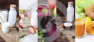 Food collage from photo of healthy drinks. Kefir, yogurt,smoothie, lemonade, freshly squeezed juices