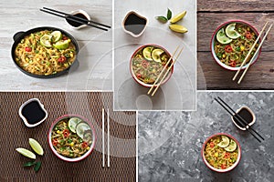 Food collage with rice noodles and garden vegetables