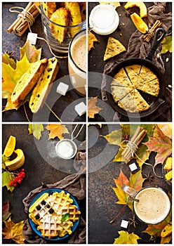 Food collage Traditional English cuisine. Breakfast table with Pumpkin Scones, Pumpkin Waffles, Cappuccino and Milk on