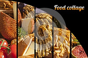 Food collage.Traditional Italian Smoked cheese, Chechil cheese on the Wood background. Smoked cheese on a cutting board, with