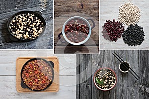 Food collage with a variety of colored beans