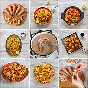 Food collage with a variety of dishes with shrimps