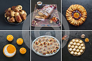 Food collage with various Arabic sweets made from ripe dates on a black background