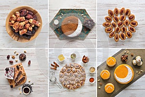 Food collage with various Arabic sweets made from ripe dates on a white wooden background