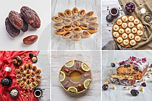 Food collage with various Arabic sweets made from ripe dates on a wooden background