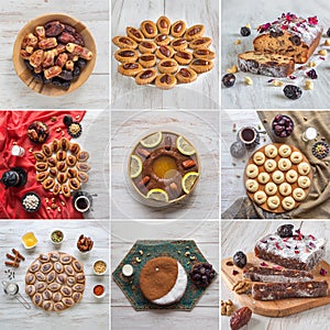 Food collage with various Arabic sweets made from ripe dates on a wooden background