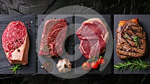 Food collage of various beef steak raw fresh meat.