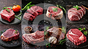 Food collage of various beef steak raw fresh meat.