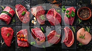 Food collage of various beef steak raw fresh meat.