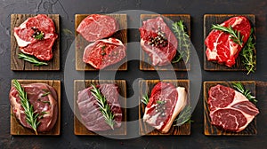 Food collage of various beef steak raw fresh meat.