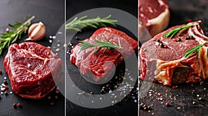 Food collage of various beef steak raw fresh meat.