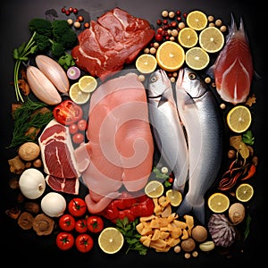 Food Collage of Various Fresh Meat, Chicken, and Fish