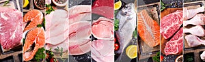 Food collage of various fresh meat, chicken and fish photo