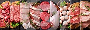 Food collage of various types fresh meat, top view