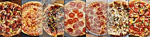 Food collage of various types of pizza in flat lay composition