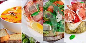 Food collage. Web design banner. Different delicious vegetable and fruit salad, meat, soup. Italian cuisine, prosciutto.