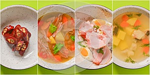Food collage. Web design banner. Different delicious vegetable and fruit salads, meat, soup. Vibrant color background.