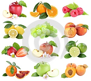 Food collection fruits apple orange berries apricots apples oranges fresh fruit isolated on white