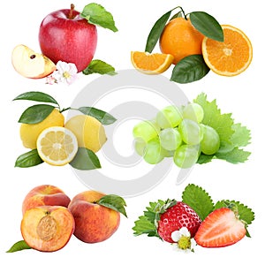 Food collection fruits apple orange grapes berries apples oranges fresh fruit isolated on white