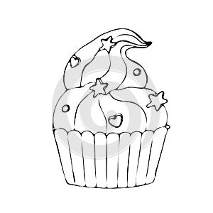 Food coloring page with cake or cupcake, candy