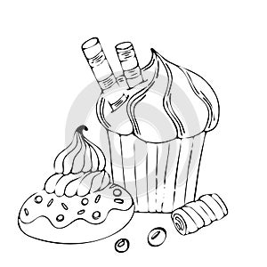 Food coloring page with cake or cupcake, candy