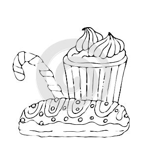 Food coloring page with cake or cupcake, candy