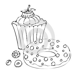 Food coloring page with cake or cupcake, candy