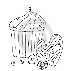 Food coloring page with cake or cupcake, candy