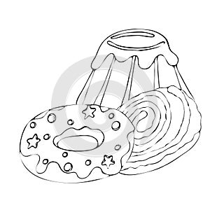 Food coloring page with cake or cupcake, candy