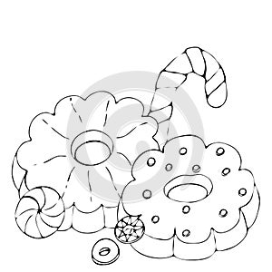 Food coloring page with cake or cupcake, candy