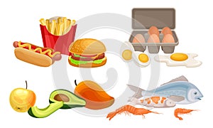 Food Compositions with Fruits and Fast Food Vector Set