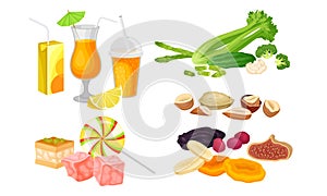 Food Compositions with Pastry and Green Vegetables Vector Set