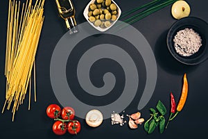 Food concept background. Black chalkboard seen from above, top v