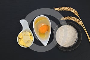 Food concept base of bakery ingredients flour, egg and butter