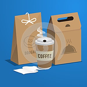 Food concept coffee plastic pot and food paper bag design