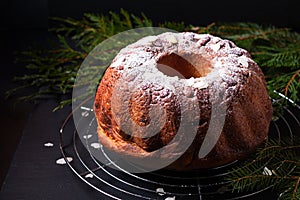 Food Concept homemade Gugelhupf, Guglhupf, Kugelhopf, kouglof bundt yeast cake of Central Europe on black background