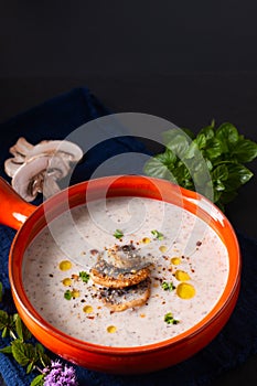 Food concept organic mushroom cream soup in orange ceramic handle bowl on black slate stone with copy space