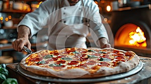 Food concept. Preparing traditional italian pizza. Young smiling chef in uniform