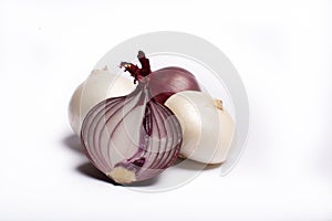 Food concept on white background, group of white and red onions