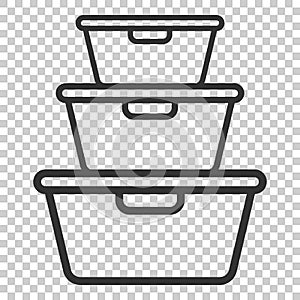 Food container icon in flat style. Kitchen bowl vector illustration on isolated background. Plastic container box business