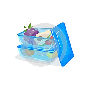 Food container, transparent, blue. Two plastic pack of food box for storing. Healthy food. Lunch box.