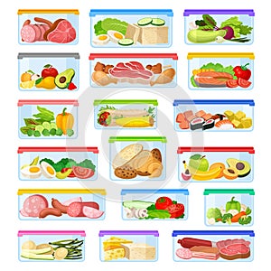 Food Containers with Different Products as Storage and Safekeeping Big Vector Set