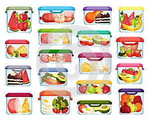 Food Containers with Different Products as Storage and Safekeeping Big Vector Set