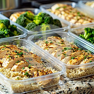 Food containers filled with juicy grilled chicken breasts, fluffy quinoa and bright green broccoli.