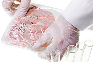 Food control specialist with meat specimen