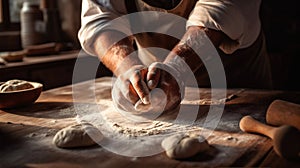 food cook hands kitchen baker dough pastry flour knead chef. Generative AI.
