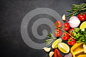 Food cooking background on black table.