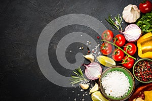 Food cooking background on black table.